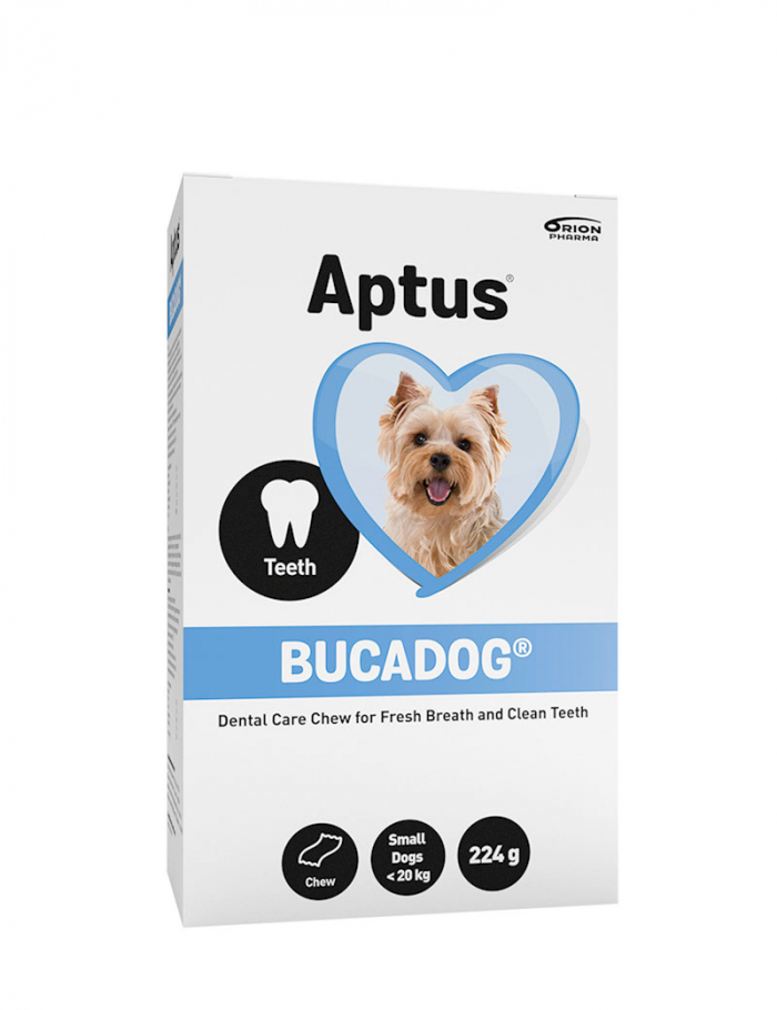 Aptus förpackning med Bucadog tugg för små hundar.