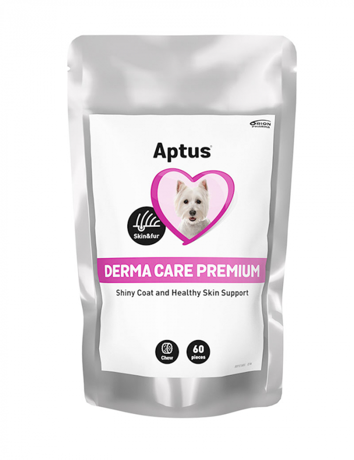 Aptus DermaFlex tillskottsfoder för hundar med hud- eller pälsproblem.
